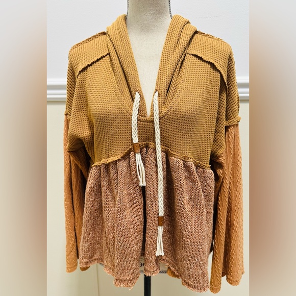 POL Sweaters - POL Hooded sweater top S Brown Textured Tassels Bohemian Hippie Festival Casual